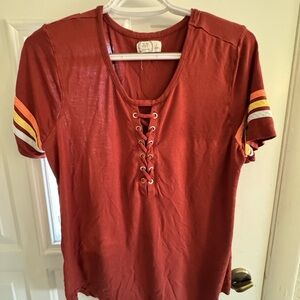 Red Lace-Up T-Shirt with Striped Sleeves